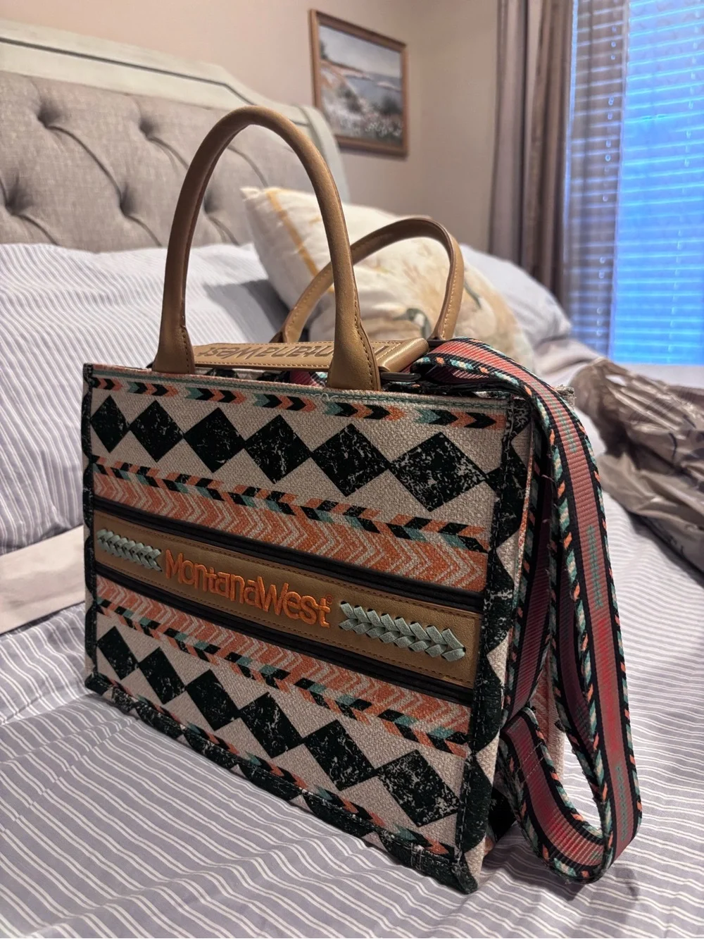 Montana West Aztec Satchel in Tan, Coral and Black